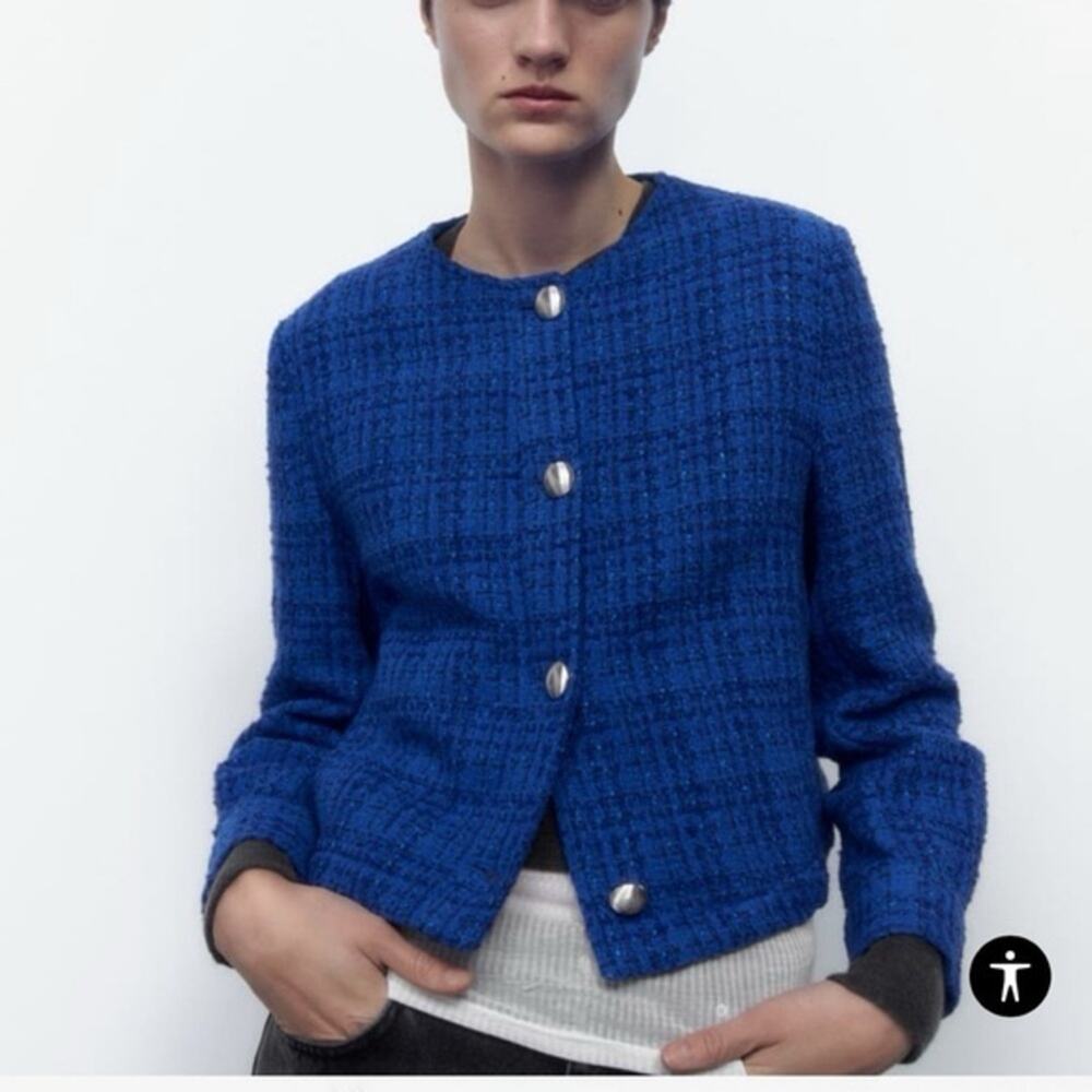 Zara Blue Tweed Plaid Jacket Metal Buttons Size XS